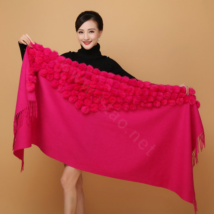 Genuine Wool Shawls Rabbit Fur Ball Thicken Scarf Women Winter Warm Solid Color Pashmina Cape - Rose