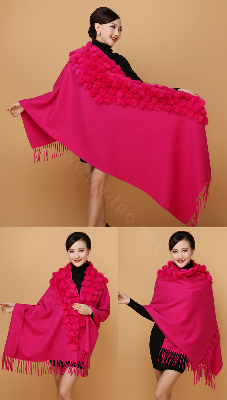 Genuine Wool Shawls Rabbit Fur Ball Thicken Scarf Women Winter Warm Solid Color Pashmina Cape - Rose
