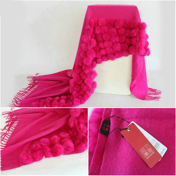 Genuine Wool Shawls Rabbit Fur Ball Thicken Scarf Women Winter Warm Solid Color Pashmina Cape - Rose
