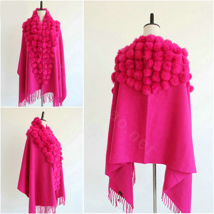 Genuine Wool Shawls Rabbit Fur Ball Thicken Scarf Women Winter Warm Solid Color Pashmina Cape - Rose