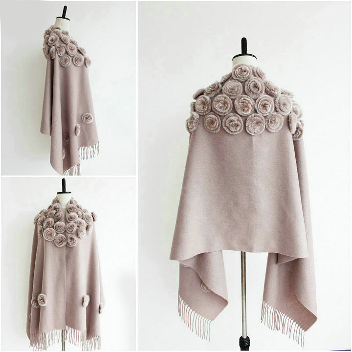 Genuine Wool Shawls Rex Rabbit Fur Thicken Scarf Women Winter Warm Solid Color Pashmina Cape - Light Pink