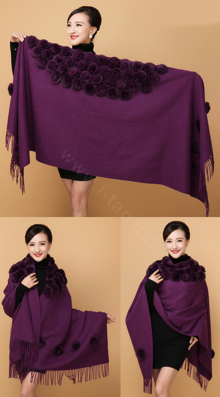 Genuine Wool Shawls Rex Rabbit Fur Thicken Scarf Women Winter Warm Solid Color Pashmina Cape - Purple