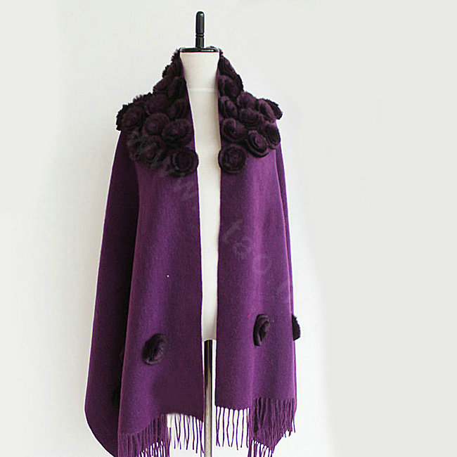 Genuine Wool Shawls Rex Rabbit Fur Thicken Scarf Women Winter Warm Solid Color Pashmina Cape - Purple