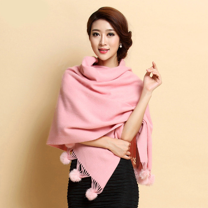 Hot selling Long Wool Shawls Rabbit Fur Ball Scarf Women Winter Thicken Bride Wedding Cape - Pink