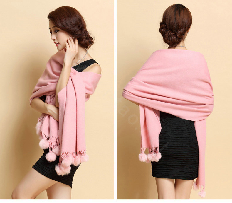 Hot selling Long Wool Shawls Rabbit Fur Ball Scarf Women Winter Thicken Bride Wedding Cape - Pink