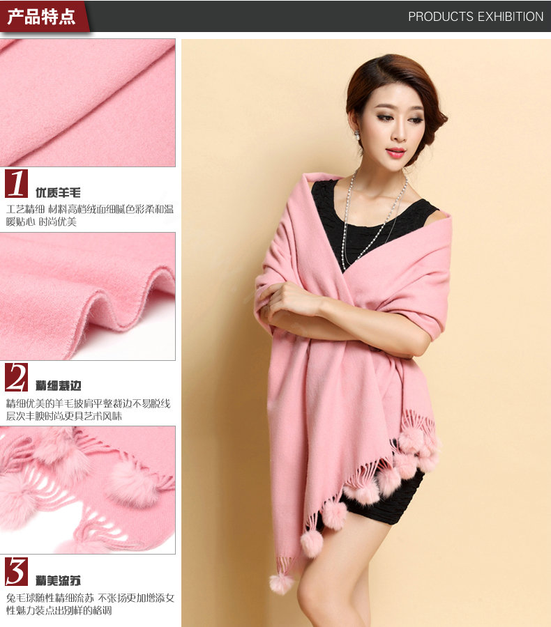 Hot selling Long Wool Shawls Rabbit Fur Ball Scarf Women Winter Thicken Bride Wedding Cape - Pink