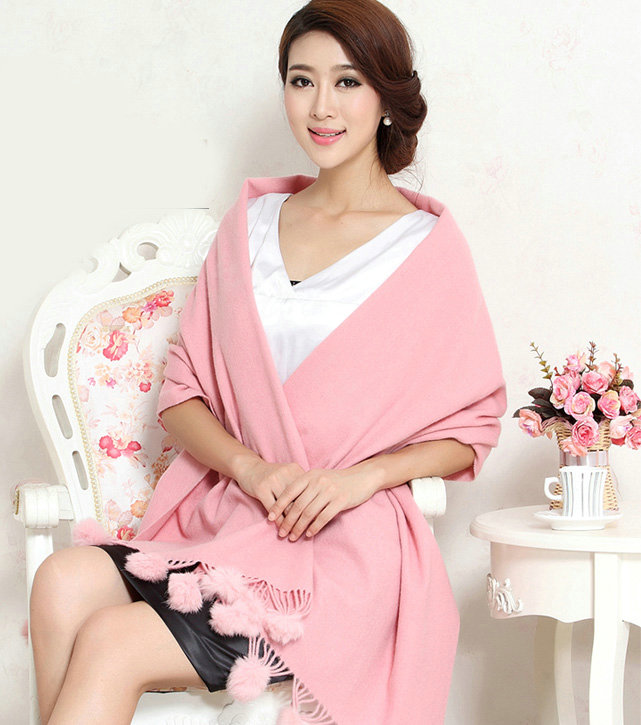 Hot selling Long Wool Shawls Rabbit Fur Ball Scarf Women Winter Thicken Bride Wedding Cape - Pink