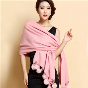 Hot selling Long Wool Shawls Rabbit Fur Ball Scarf Women Winter Thicken Bride Wedding Cape - Pink