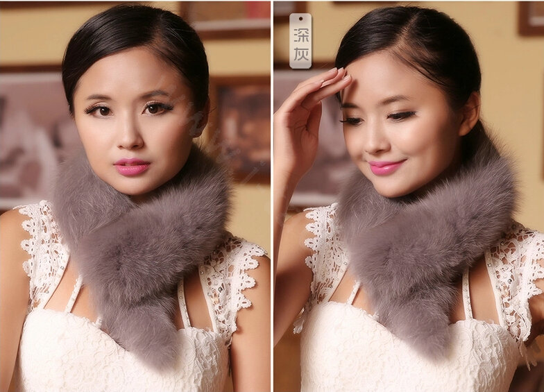 Luxury Classic Short Fox Fur Scarf Women Winter Warm Neck Wrap Fox Fur Collar - Gray
