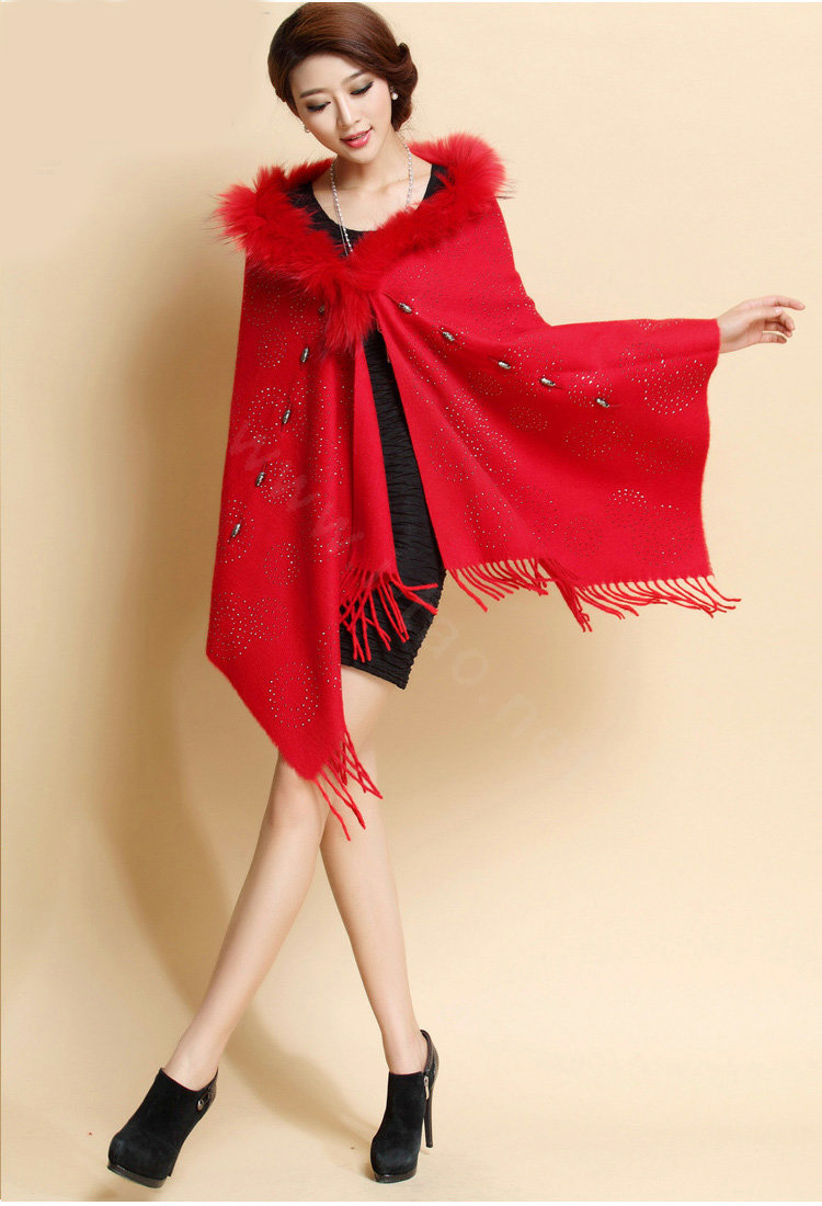 Luxury Long Wool Diamond Shawls Racoon Dog Fur Scarf Women Winter Thicken Tassels Poncho - Red