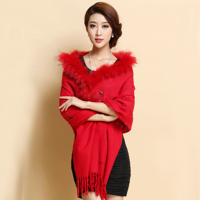 Luxury Long Wool Diamond Shawls Racoon Dog Fur Scarf Women Winter Thicken Tassels Poncho - Red