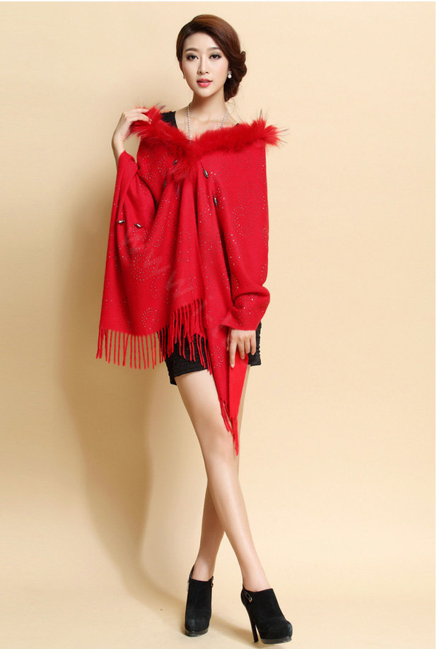 Luxury Long Wool Diamond Shawls Racoon Dog Fur Scarf Women Winter Thicken Tassels Poncho - Red