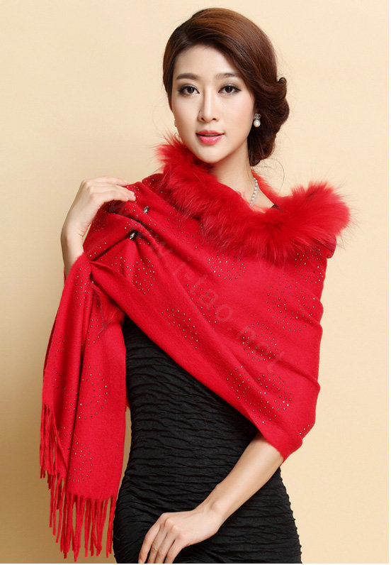 Luxury Long Wool Diamond Shawls Racoon Dog Fur Scarf Women Winter Thicken Tassels Poncho - Red