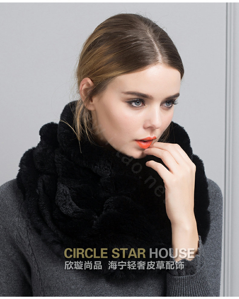 Luxury Rex Rabbit Fur Scarf Women Winter Warm Neck Wrap Knitted Fur Collar Muffler - Black