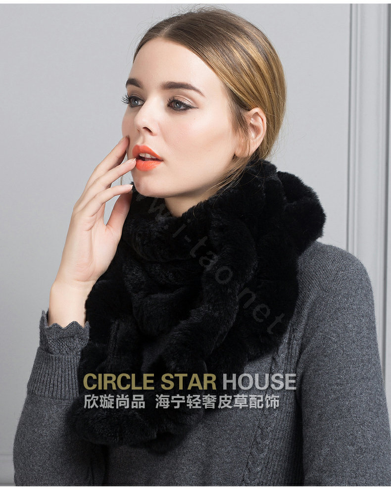 Luxury Rex Rabbit Fur Scarf Women Winter Warm Neck Wrap Knitted Fur Collar Muffler - Black