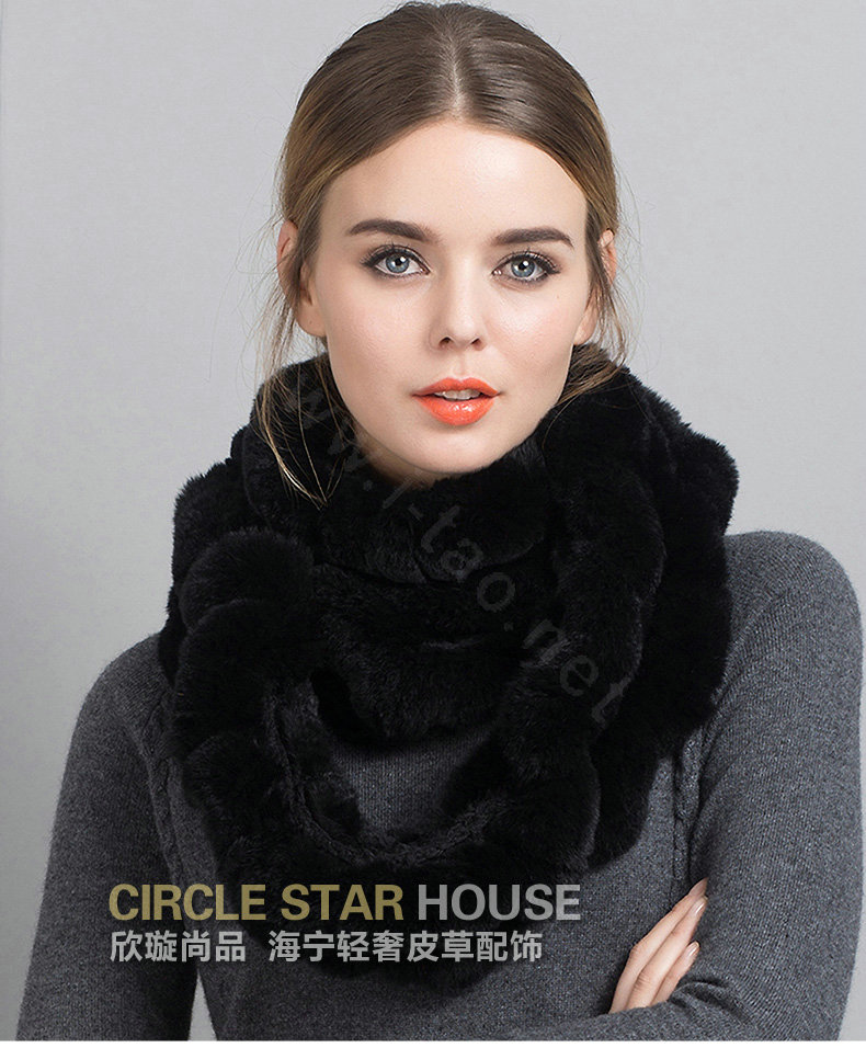 Luxury Rex Rabbit Fur Scarf Women Winter Warm Neck Wrap Knitted Fur Collar Muffler - Black