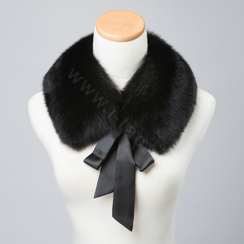 Luxury Short Fox Fur Scarf Women Winter Warm Neck Wrap Fox Fur Collar Ribbon - Black