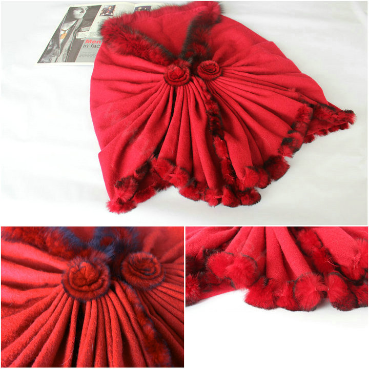 Luxury Wool Shawls Fox fur Thicken Scarf Women Winter Warm Solid Color Pashmina Bride Poncho - Dark Red