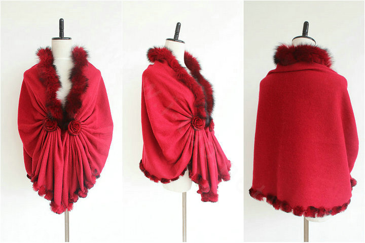 Luxury Wool Shawls Fox fur Thicken Scarf Women Winter Warm Solid Color Pashmina Bride Poncho - Dark Red
