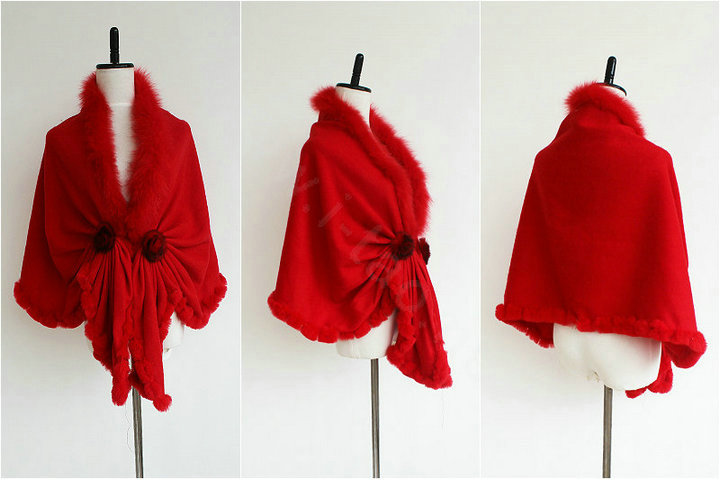 Luxury Wool Shawls Fox fur Thicken Scarf Women Winter Warm Solid Color Pashmina Bride Poncho - Red