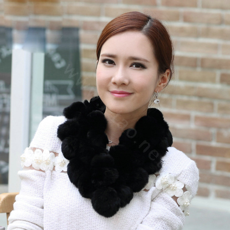 The New Rex Rabbit Fur Scarf Women Winter Neck Wrap Knitted Fur Ball Collar Muffler - Black