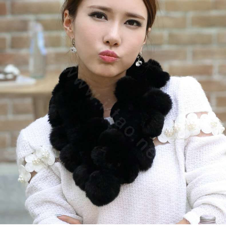 The New Rex Rabbit Fur Scarf Women Winter Neck Wrap Knitted Fur Ball Collar Muffler - Black