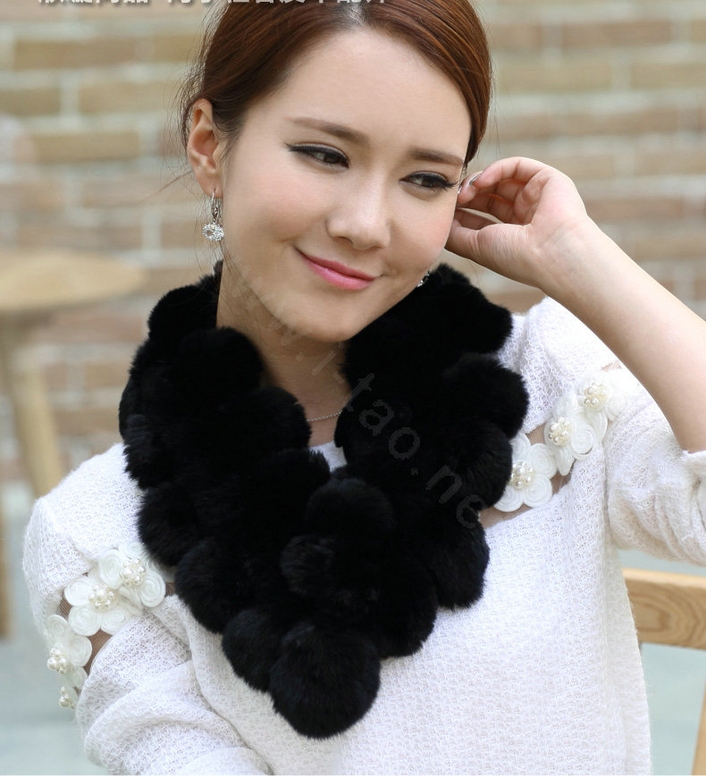 The New Rex Rabbit Fur Scarf Women Winter Neck Wrap Knitted Fur Ball Collar Muffler - Black
