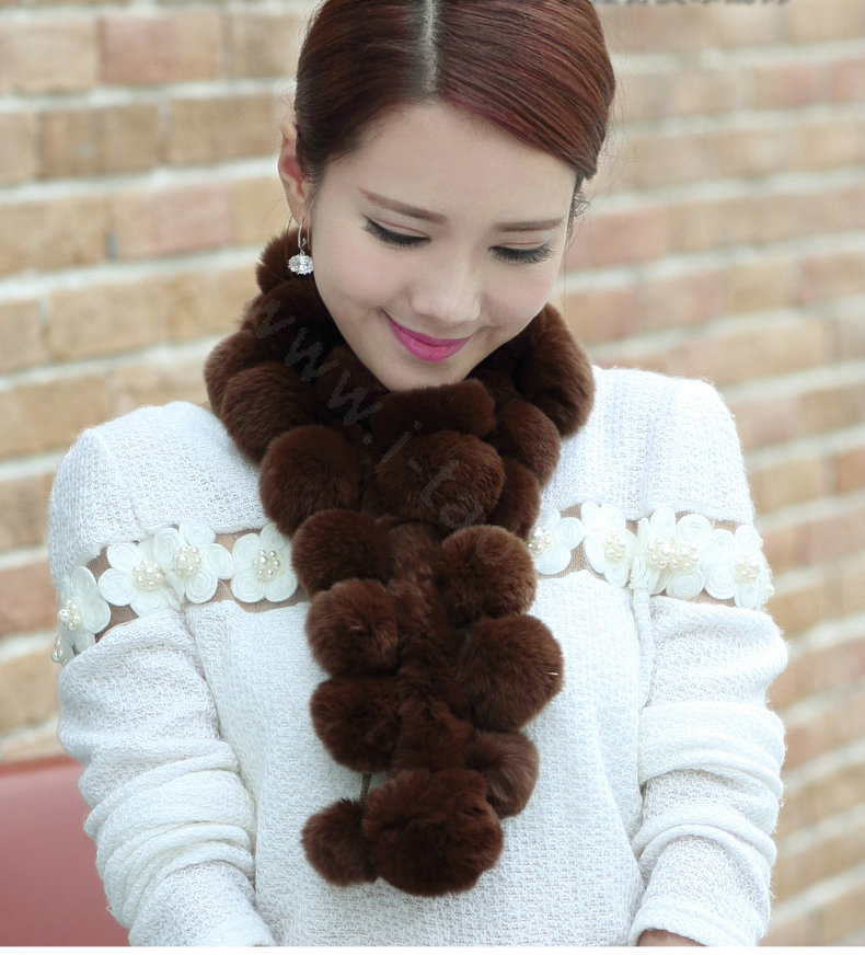 The New Rex Rabbit Fur Scarf Women Winter Neck Wrap Knitted Fur Ball Collar Muffler - Coffee
