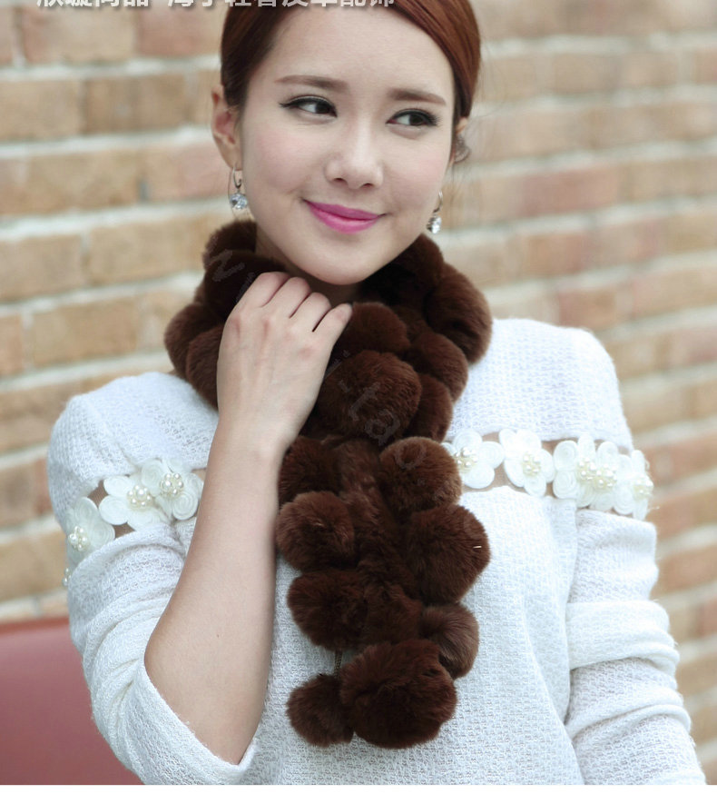 The New Rex Rabbit Fur Scarf Women Winter Neck Wrap Knitted Fur Ball Collar Muffler - Coffee