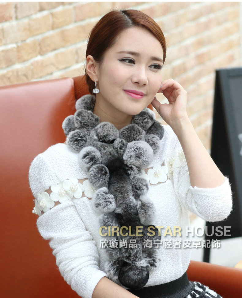 The New Rex Rabbit Fur Scarf Women Winter Neck Wrap Knitted Fur Ball Collar Muffler - Gray