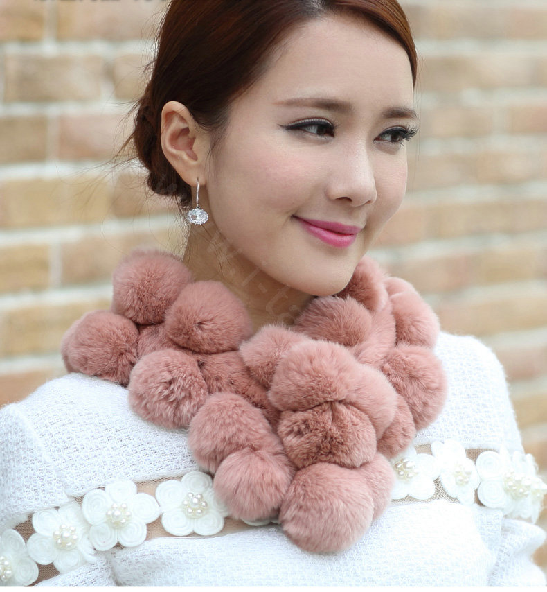 The New Rex Rabbit Fur Scarf Women Winter Neck Wrap Knitted Fur Ball Collar Muffler - Skin Red