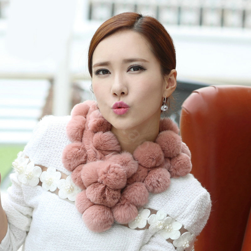 The New Rex Rabbit Fur Scarf Women Winter Neck Wrap Knitted Fur Ball Collar Muffler - Skin Red