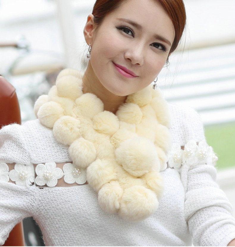 The New Rex Rabbit Fur Scarf Women Winter Neck Wrap Knitted Fur Ball Collar Muffler - Yellow