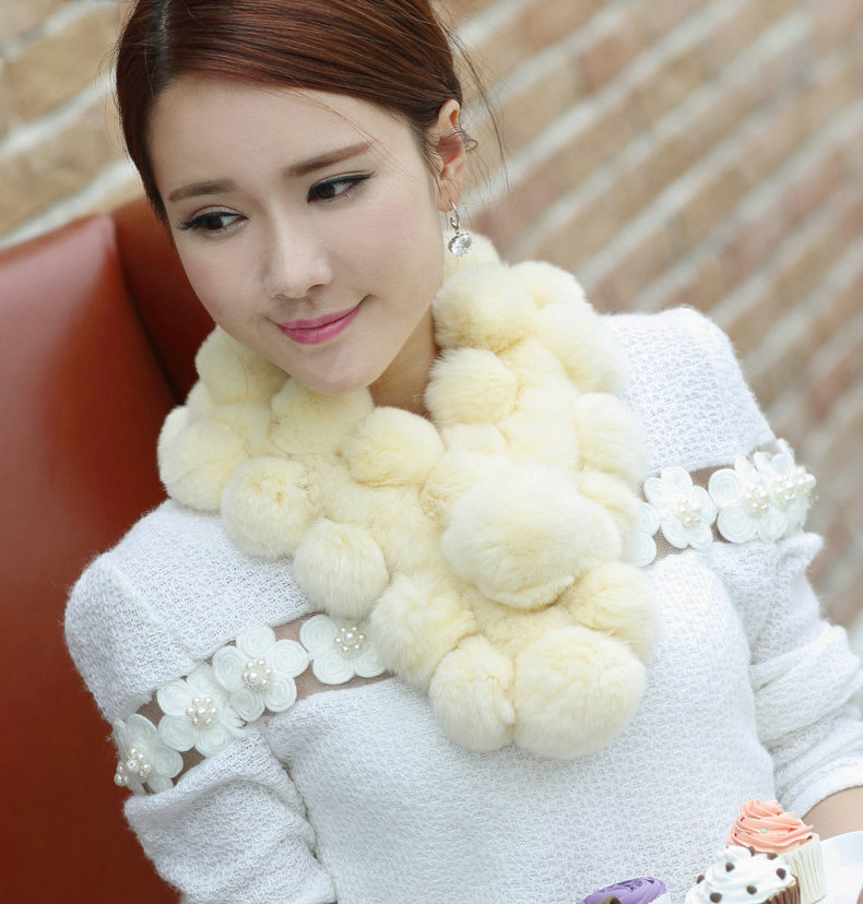 The New Rex Rabbit Fur Scarf Women Winter Neck Wrap Knitted Fur Ball Collar Muffler - Yellow