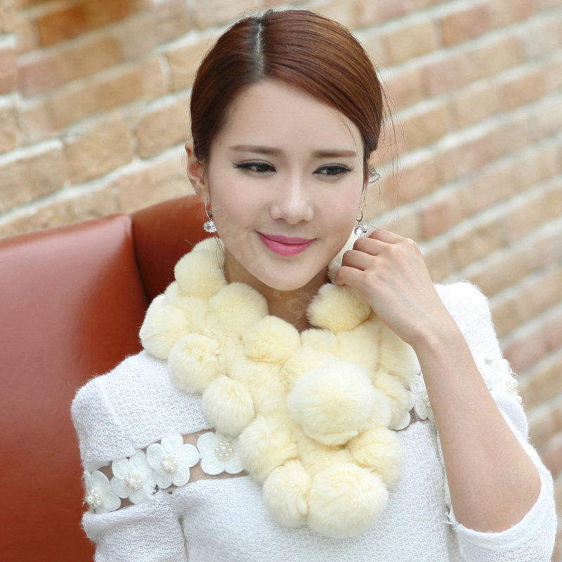 The New Rex Rabbit Fur Scarf Women Winter Neck Wrap Knitted Fur Ball Collar Muffler - Yellow