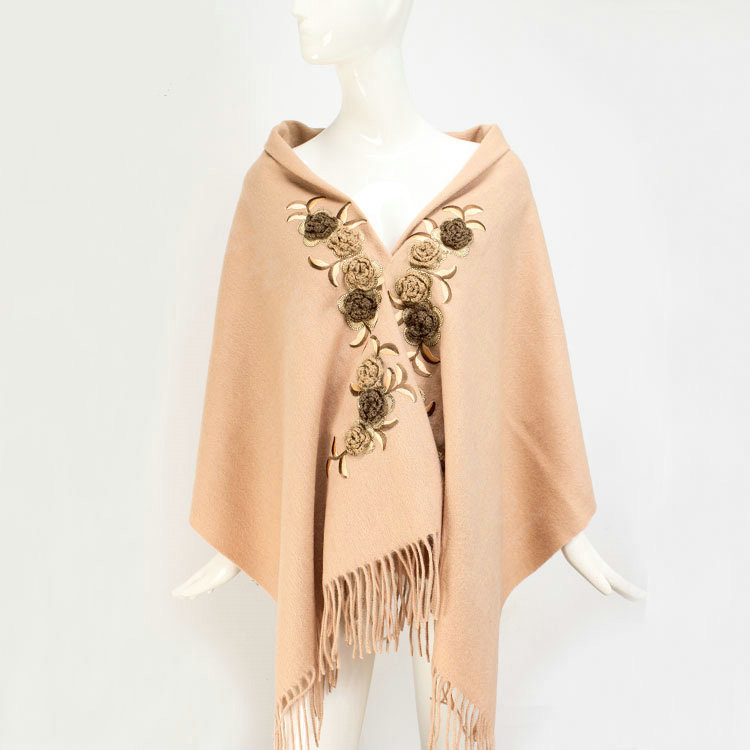 Top Grade Jacquard Flower Long Wool Shawls Scarf Women Winter Thicken Tassels Cape - Camel