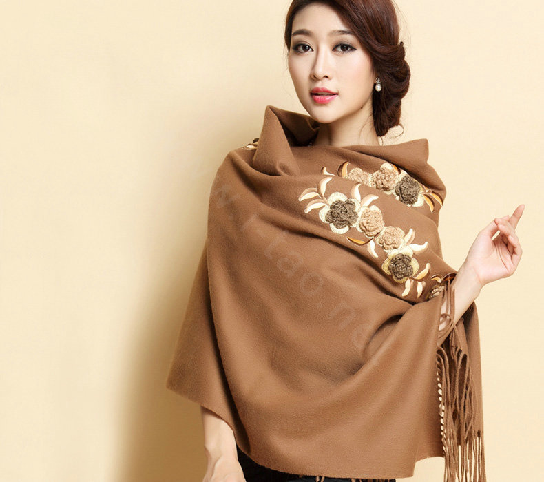 Top Grade Jacquard Flower Long Wool Shawls Scarf Women Winter Thicken Tassels Cape - Coffee