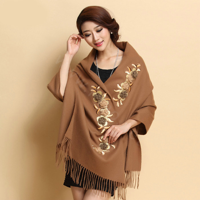 Top Grade Jacquard Flower Long Wool Shawls Scarf Women Winter Thicken Tassels Cape - Coffee