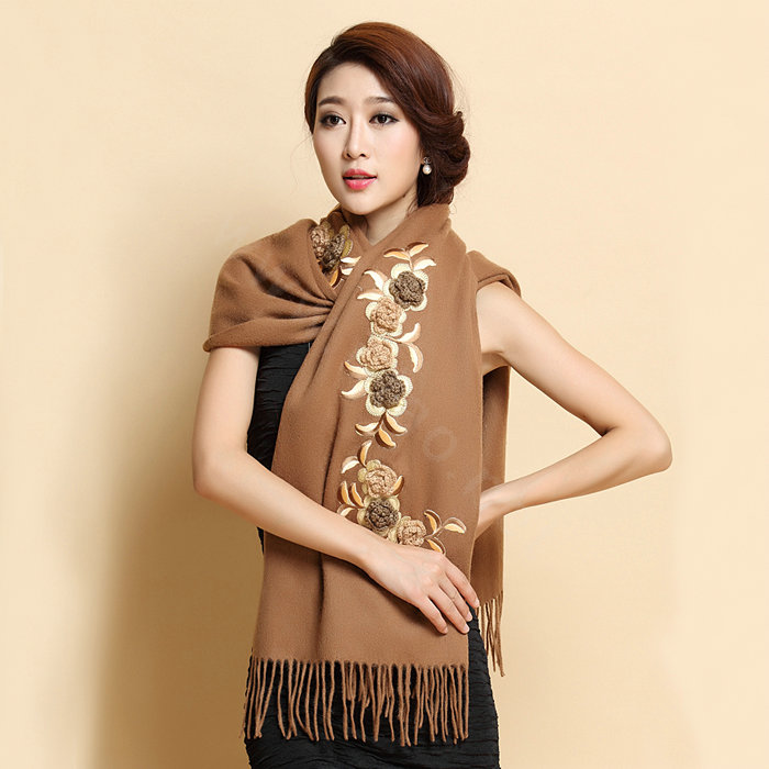 Top Grade Jacquard Flower Long Wool Shawls Scarf Women Winter Thicken Tassels Cape - Coffee