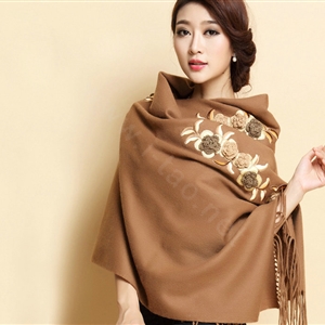 Top Grade Jacquard Flower Long Wool Shawls Scarf Women Winter Thicken Tassels Cape - Coffee