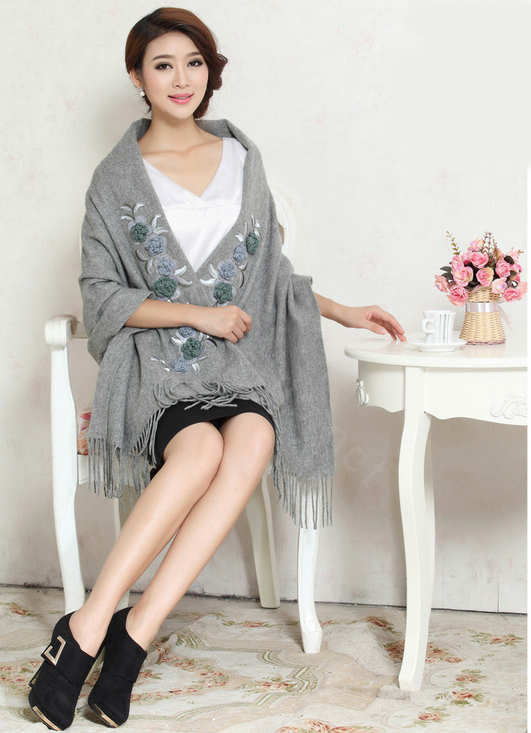 Top Grade Jacquard Flower Long Wool Shawls Scarf Women Winter Thicken Tassels Cape - Gray