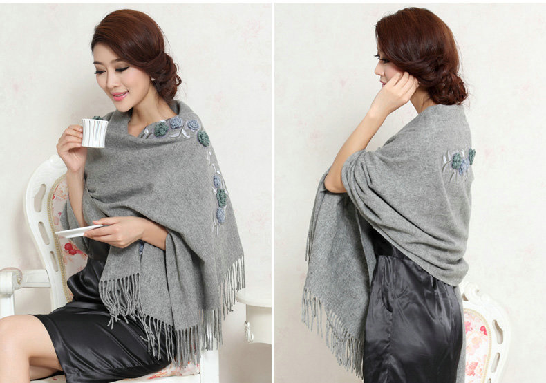 Top Grade Jacquard Flower Long Wool Shawls Scarf Women Winter Thicken Tassels Cape - Gray