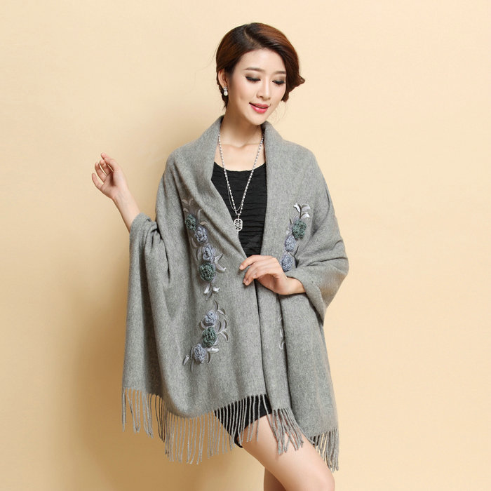 Top Grade Jacquard Flower Long Wool Shawls Scarf Women Winter Thicken Tassels Cape - Gray