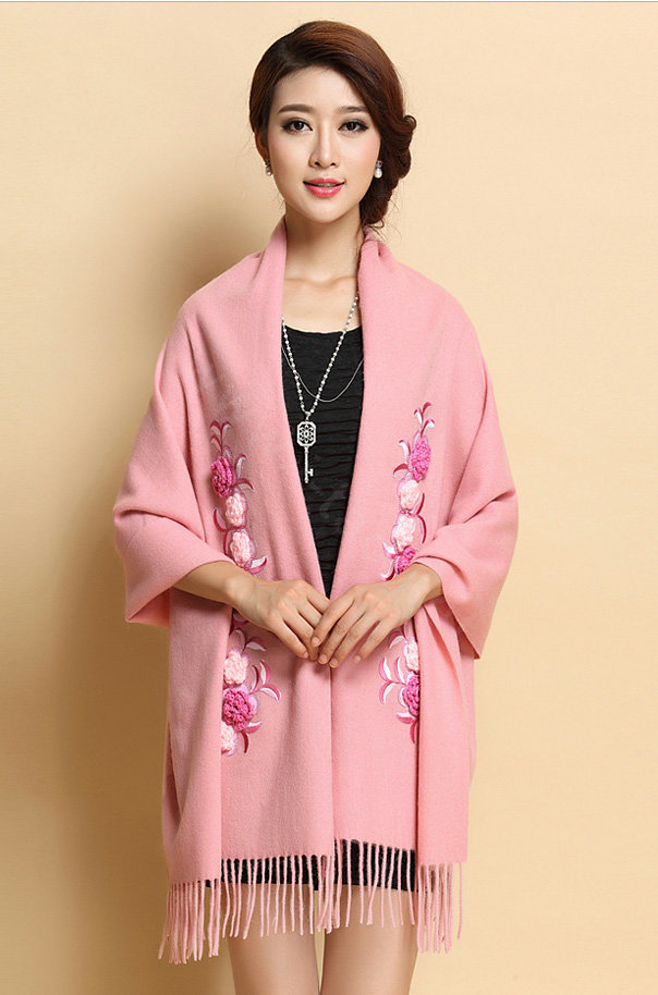 Top Grade Jacquard Flower Long Wool Shawls Scarf Women Winter Thicken Tassels Cape - Pink