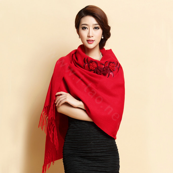Top Grade Jacquard Flower Long Wool Shawls Scarf Women Winter Thicken Tassels Cape - Red