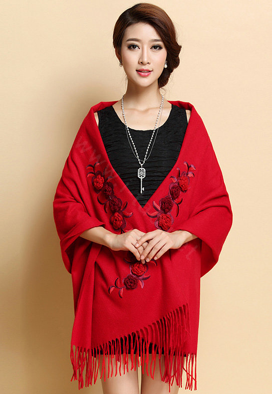 Top Grade Jacquard Flower Long Wool Shawls Scarf Women Winter Thicken Tassels Cape - Red