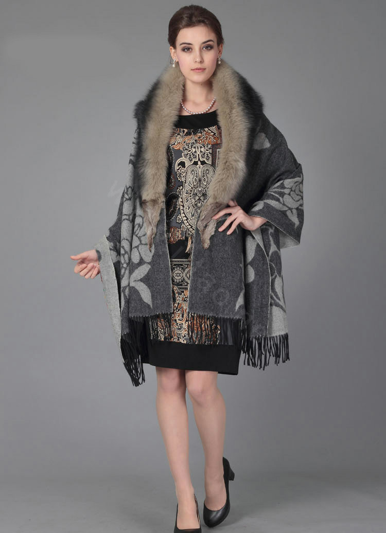 Top Grade Jacquard Peony Wool Shawls Whole Fox Fur Scarf Women Pashmina Thicken Tassels Cape - Gray