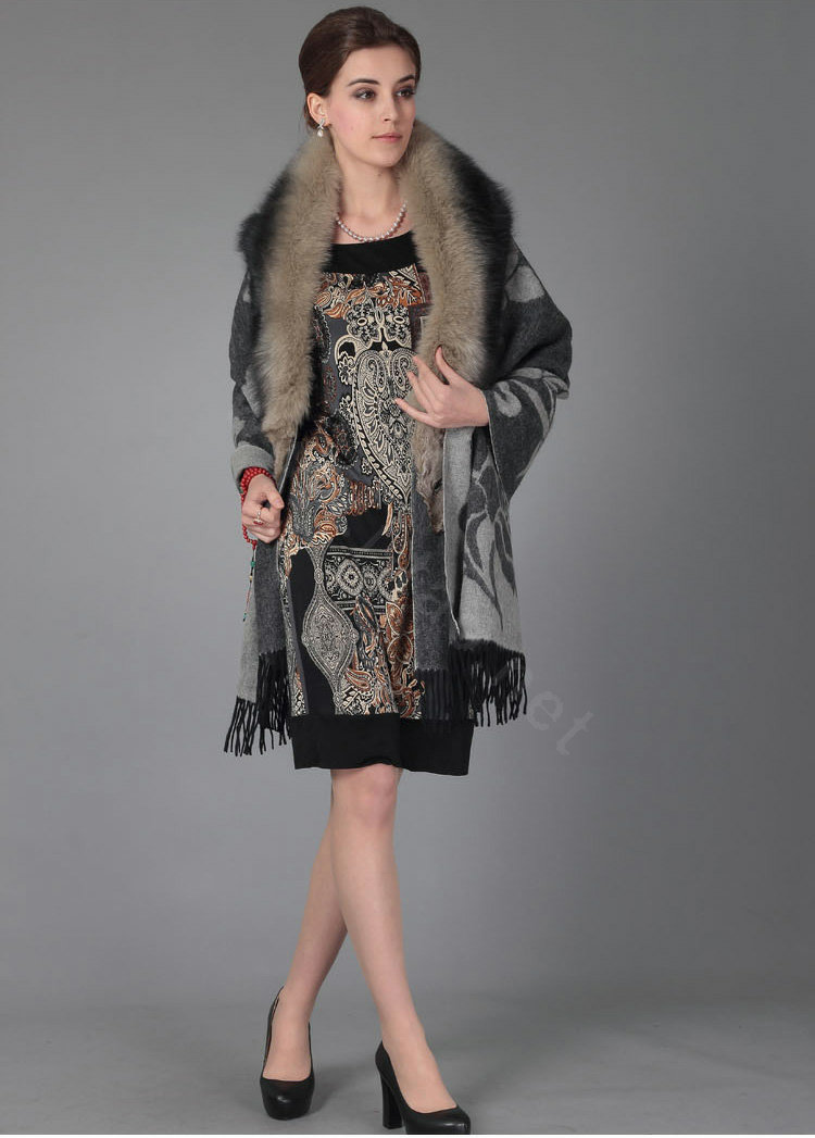 Top Grade Jacquard Peony Wool Shawls Whole Fox Fur Scarf Women Pashmina Thicken Tassels Cape - Gray