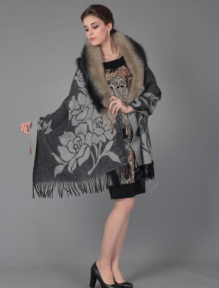 Top Grade Jacquard Peony Wool Shawls Whole Fox Fur Scarf Women Pashmina Thicken Tassels Cape - Gray