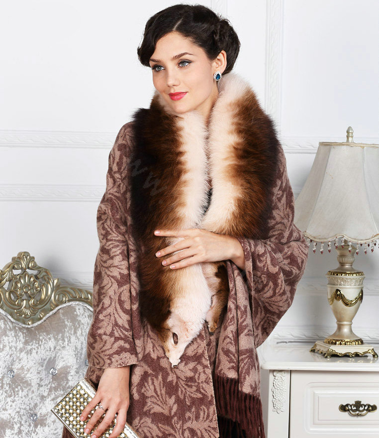 Top Grade Jacquard Weave Wool Shawls Whole Fox Fur Scarf Women Pashmina Thicken Tassels Cape - Coffee